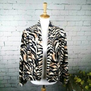 Kate & Rosy Soft Faux Fur Teddy Open Front Print Jacket Tan Medium